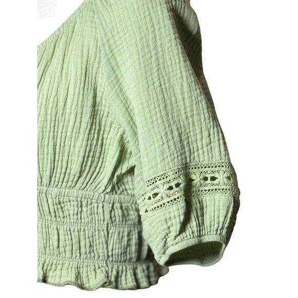 Altard State Womens S Green Peasant Blouse Boho Lace Crop Top Smocked Back Tie - Picture 5 of 10